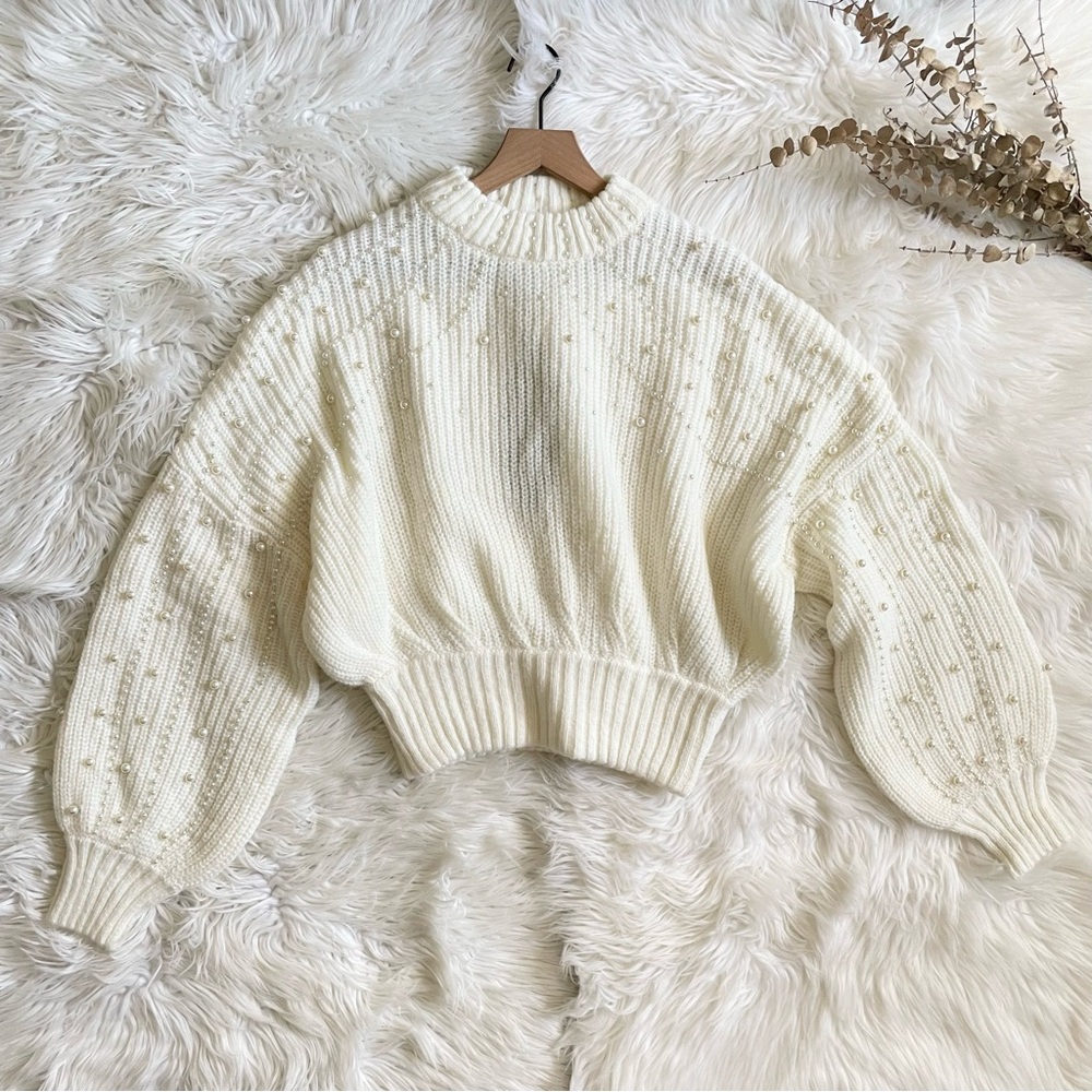 Farm Rio Pearl Embroidered Bubble Sweater Off White Knit NWT Medium - Picture 9 of 16